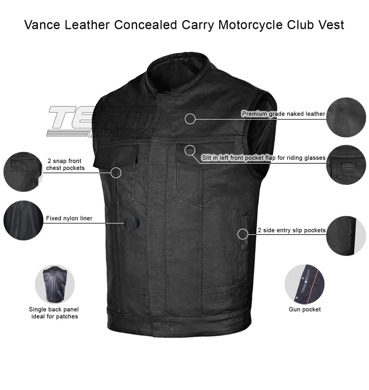 Vance VL913 Mens Black Premium Cowhide Leather SOA Club Style Biker Motorcycle Vest - Infographics