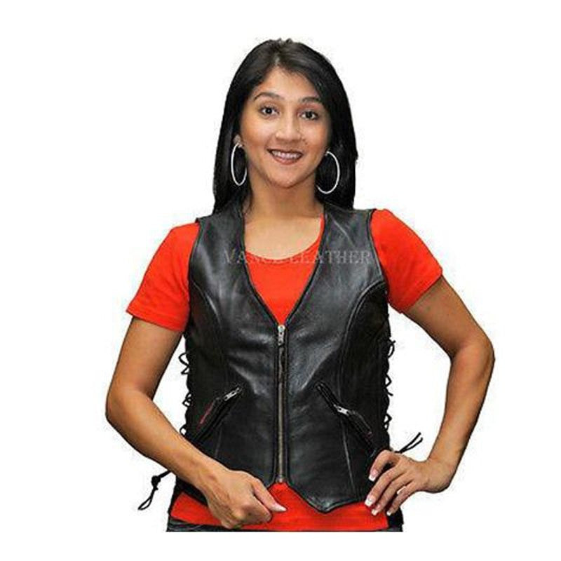 Vance Leather Ladies Economy Grade Leather Zipper Vest with Plain Sides