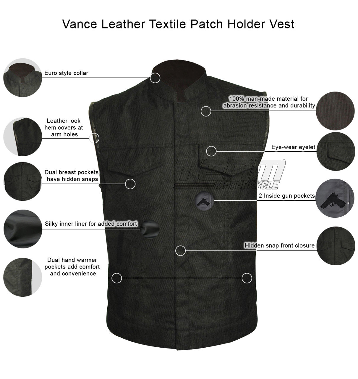 Vance VL1911 Mens Black Patch Holder Textile Motorcycle Vest - Infographics