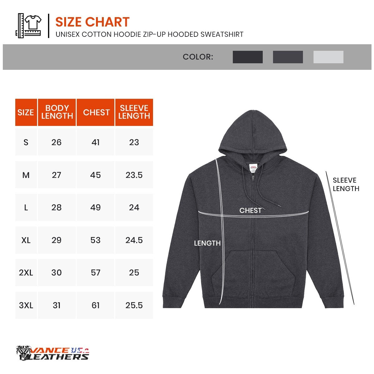 Vance Unisex Cotton Hoodie Zip-Up Hooded Sweatshirt for Men and Women - Size chart