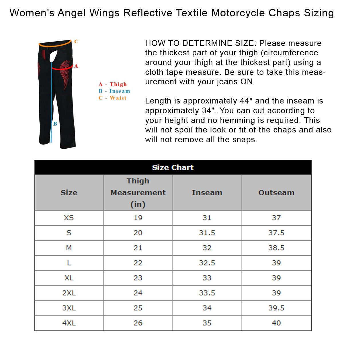 Women's Angel Wings Reflective Textile Motorcycle Chaps  - Size Chart