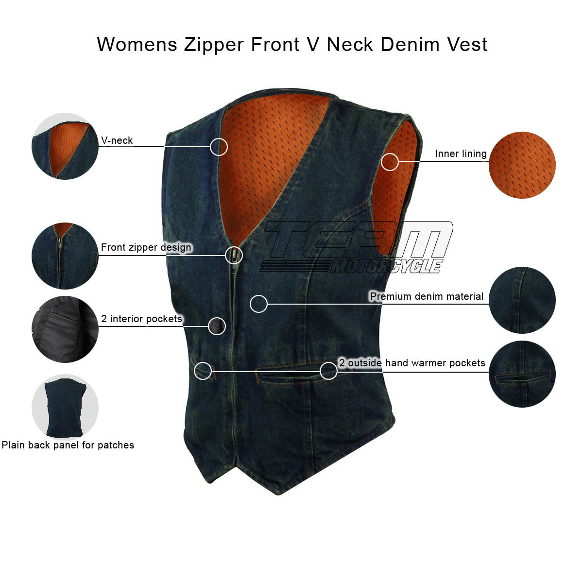 Womens Zipper Front V Neck Denim Vest - Infographics