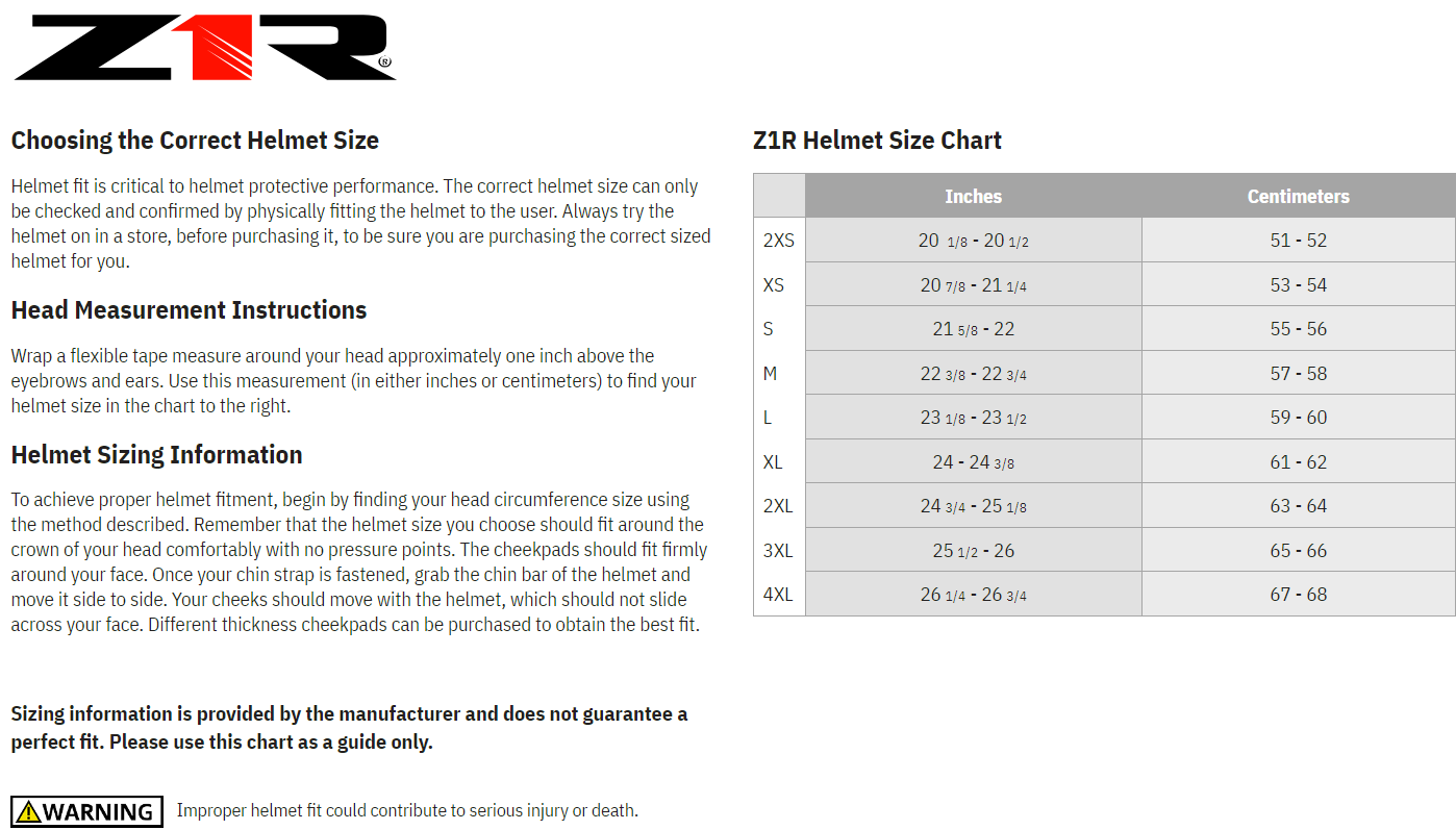 Z1R Jackal Dark Matter Purple Full Face Motorcycle Helmet - Sizechart